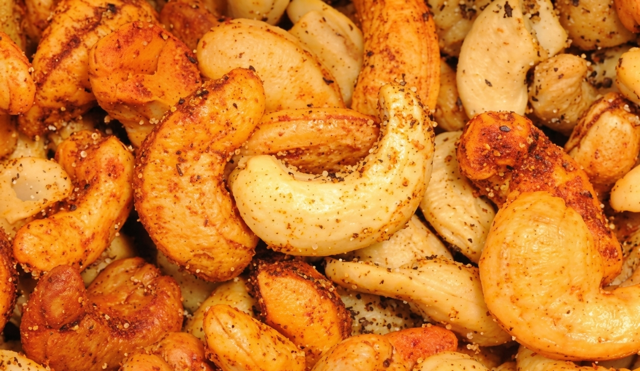 Flavored masala, peri peri, pepper and herb coated gourmet cashew nuts